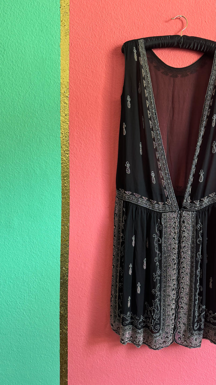 Vintage 1920s Black Beaded Flapper Dress With Silver And Pink Detail