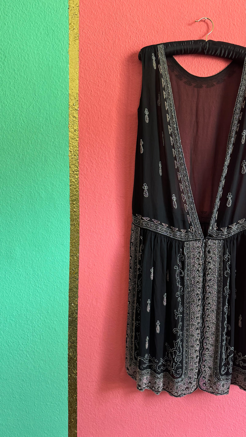Vintage 1920s Black Beaded Flapper Dress With Silver And Pink Detail