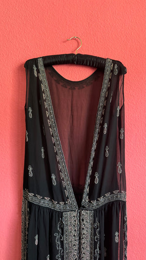 Vintage 1920s Black Beaded Flapper Dress With Silver And Pink Detail