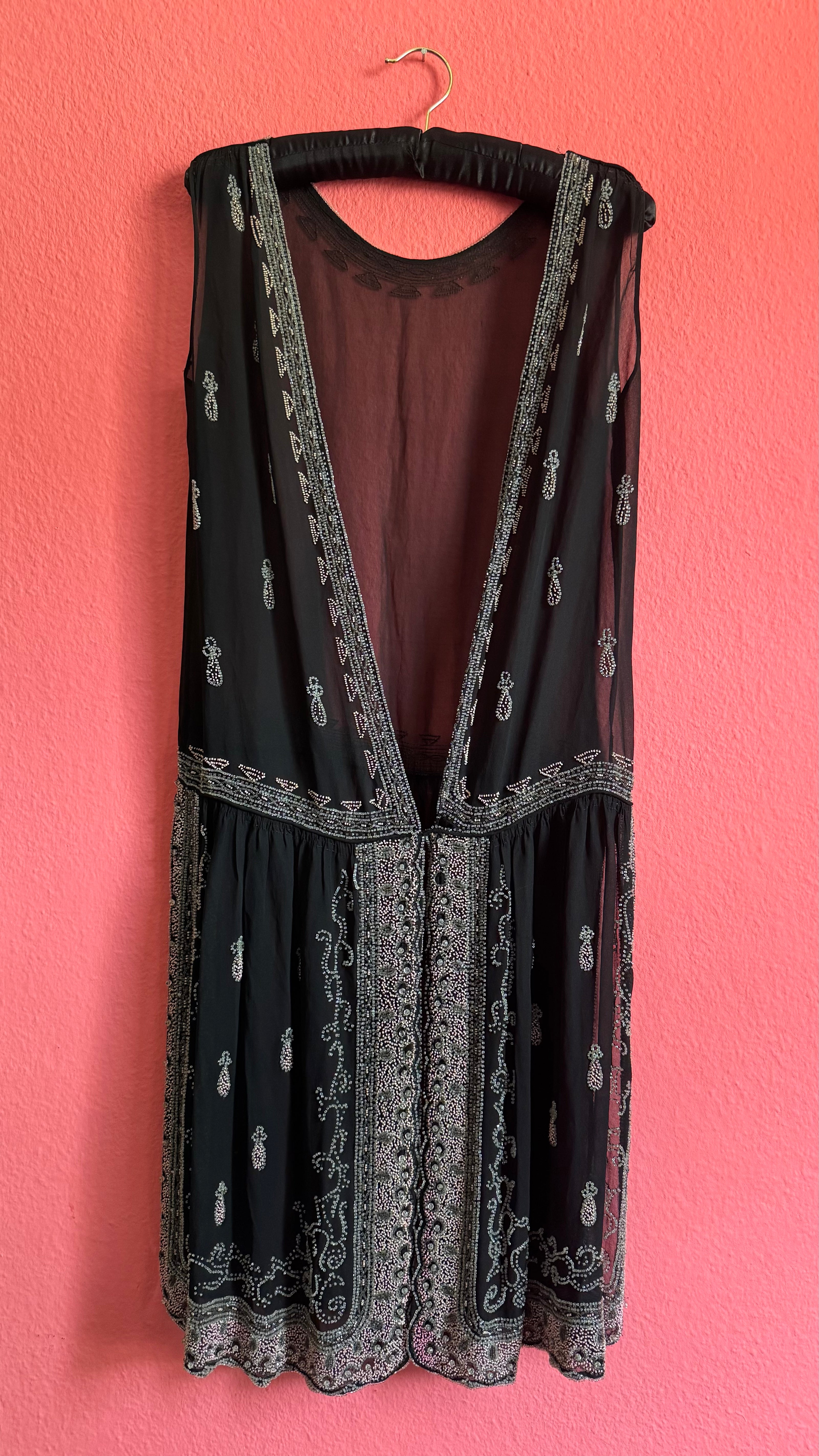 Vintage 1920s Black Beaded Flapper Dress With Silver And Pink Detail