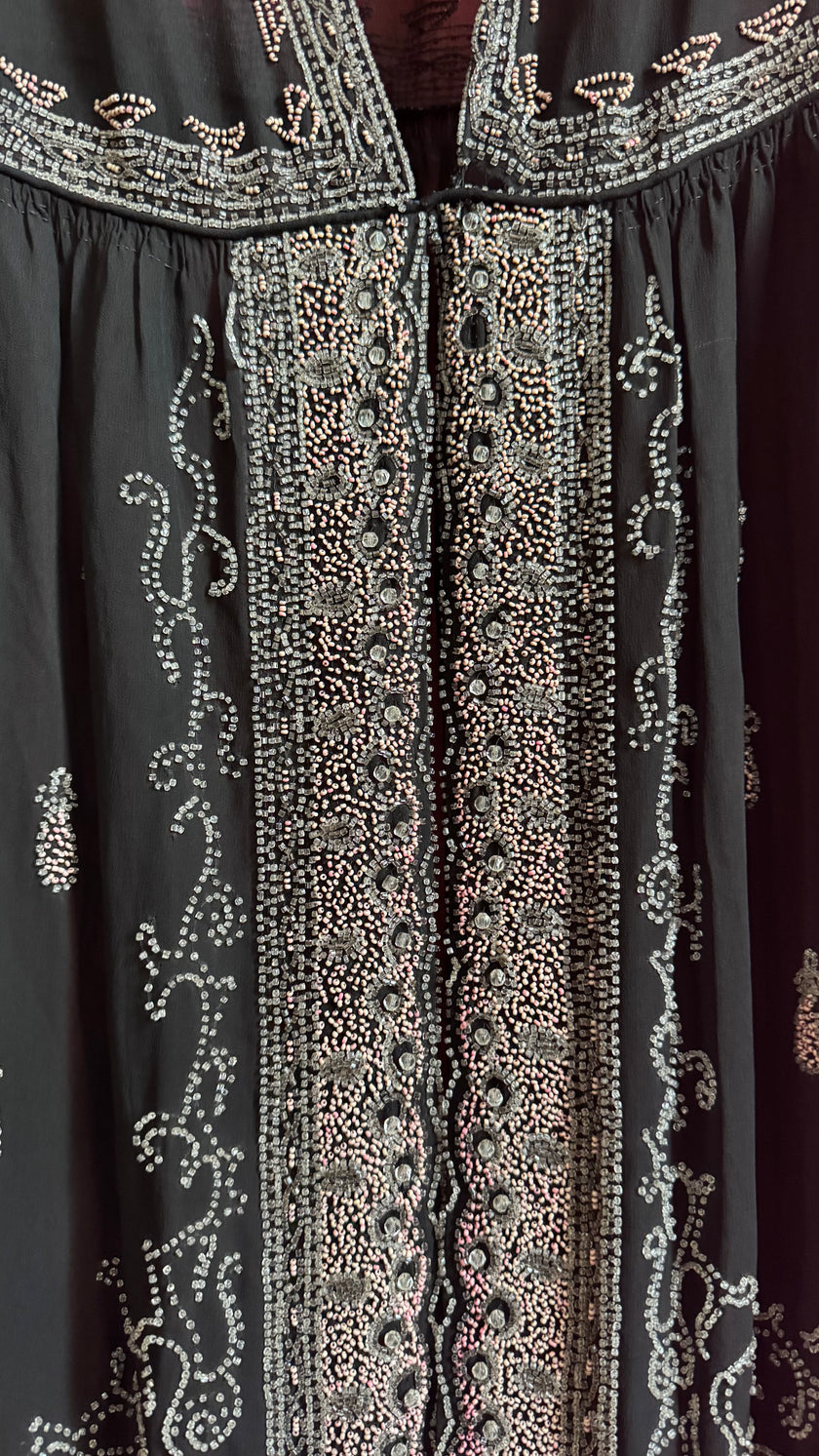 Vintage 1920s Black Beaded Flapper Dress With Silver And Pink Detail