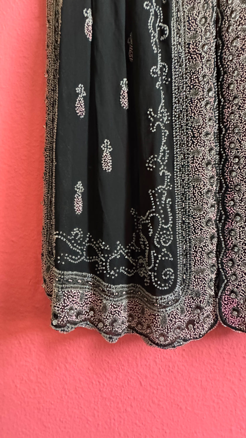 Vintage 1920s Black Beaded Flapper Dress With Silver And Pink Detail