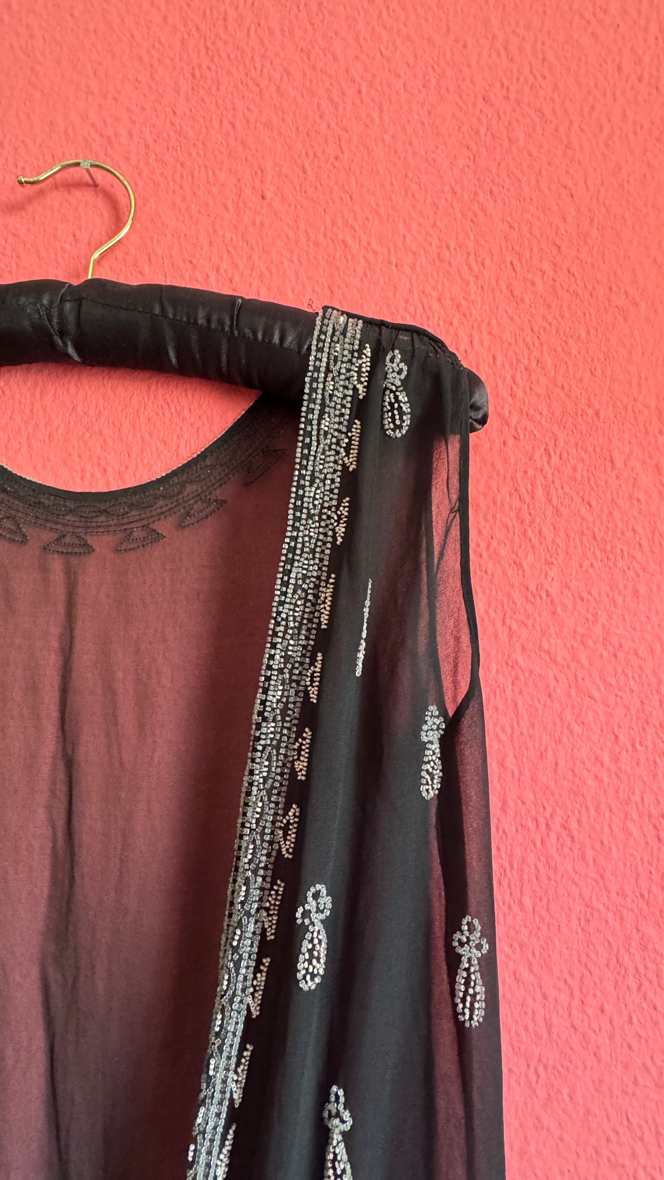 Vintage 1920s Black Beaded Flapper Dress With Silver And Pink Detail
