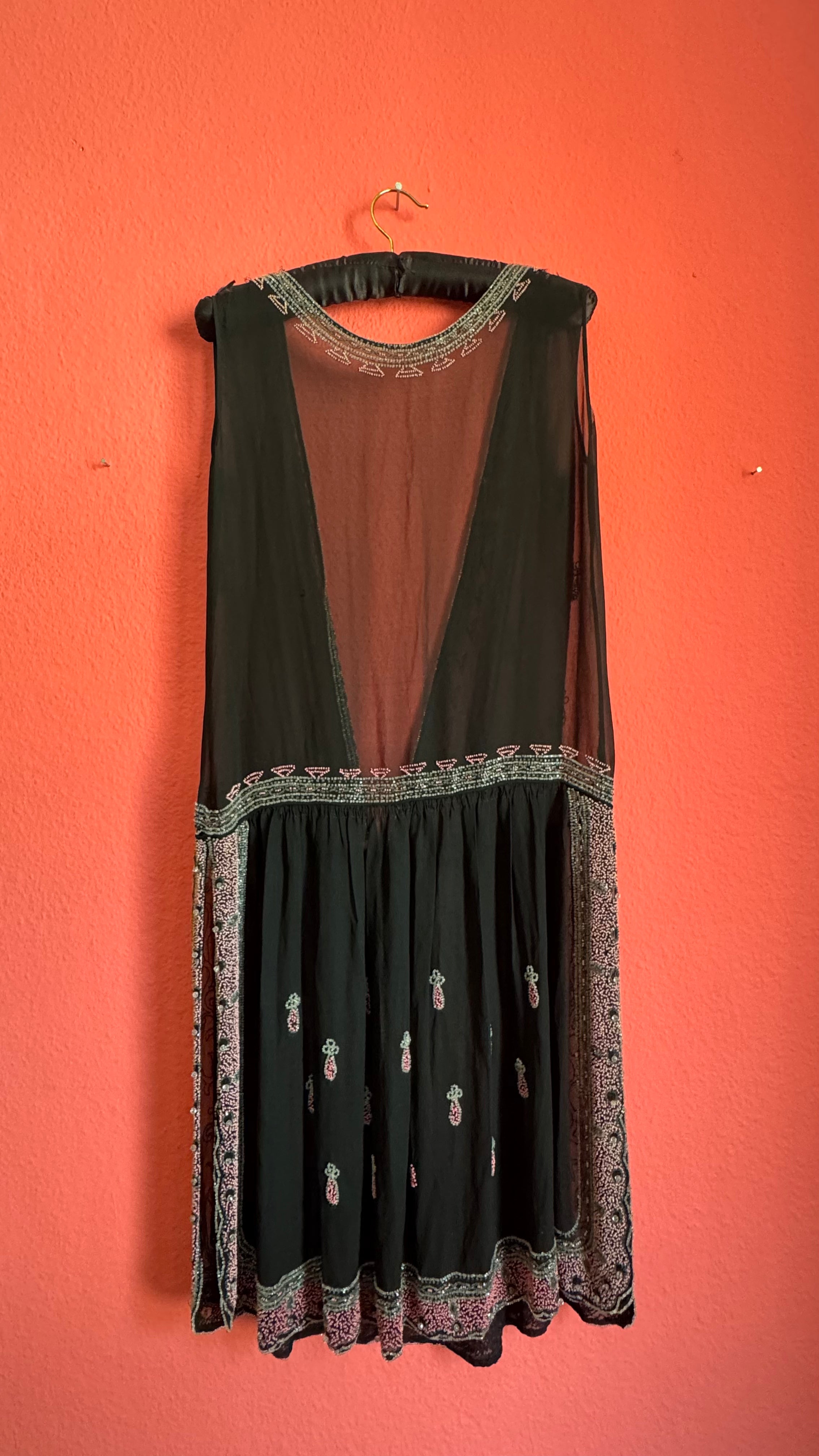 Vintage 1920s Black Beaded Flapper Dress With Silver And Pink Detail