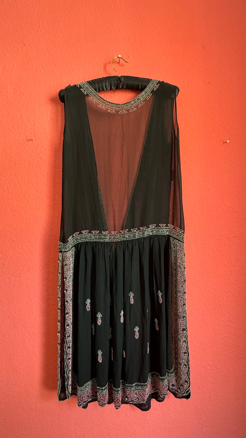 Vintage 1920s Black Beaded Flapper Dress With Silver And Pink Detail