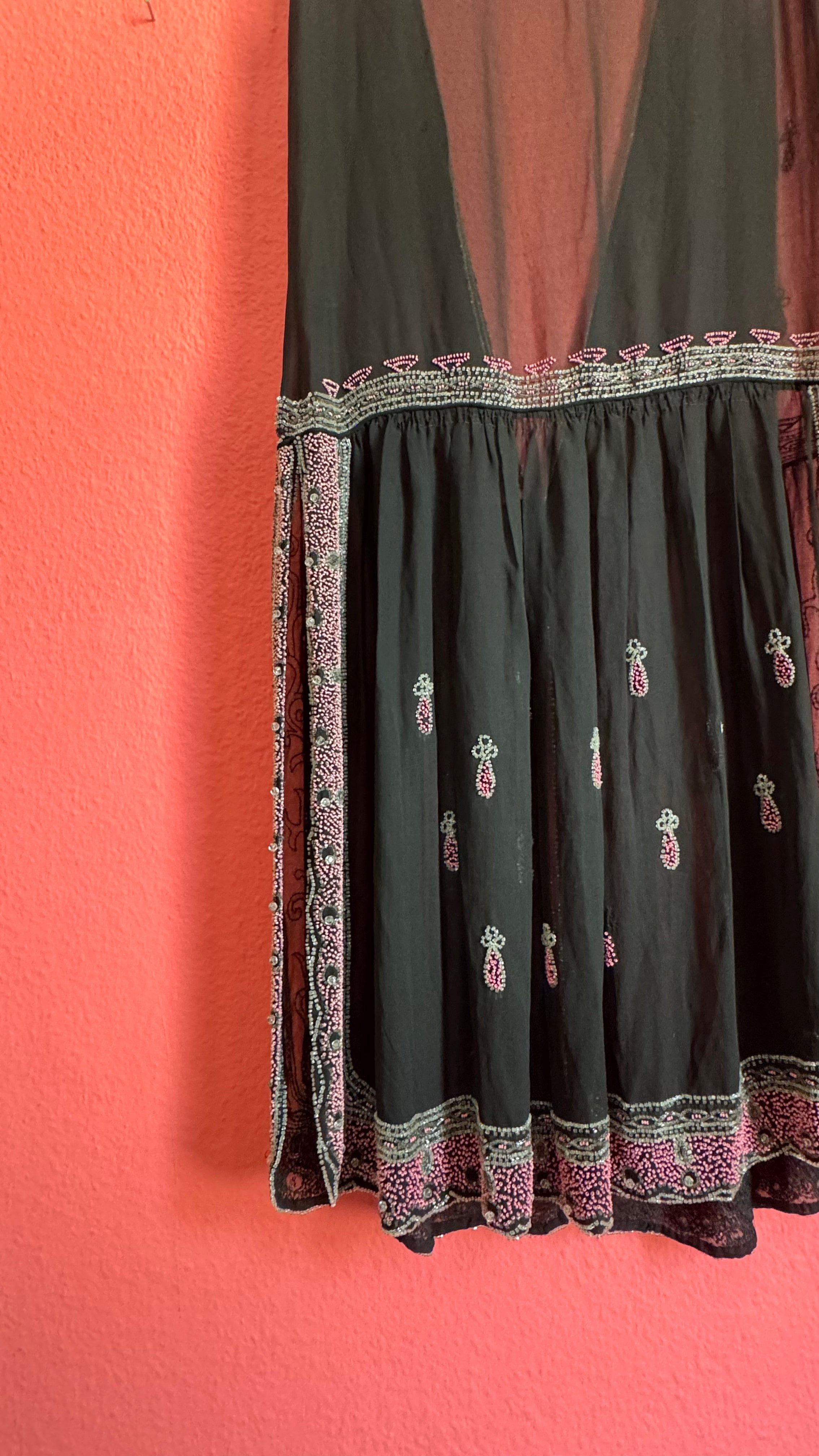Vintage 1920s Black Beaded Flapper Dress With Silver And Pink Detail