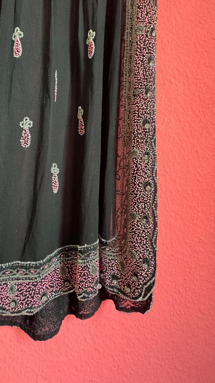 Vintage 1920s Black Beaded Flapper Dress With Silver And Pink Detail