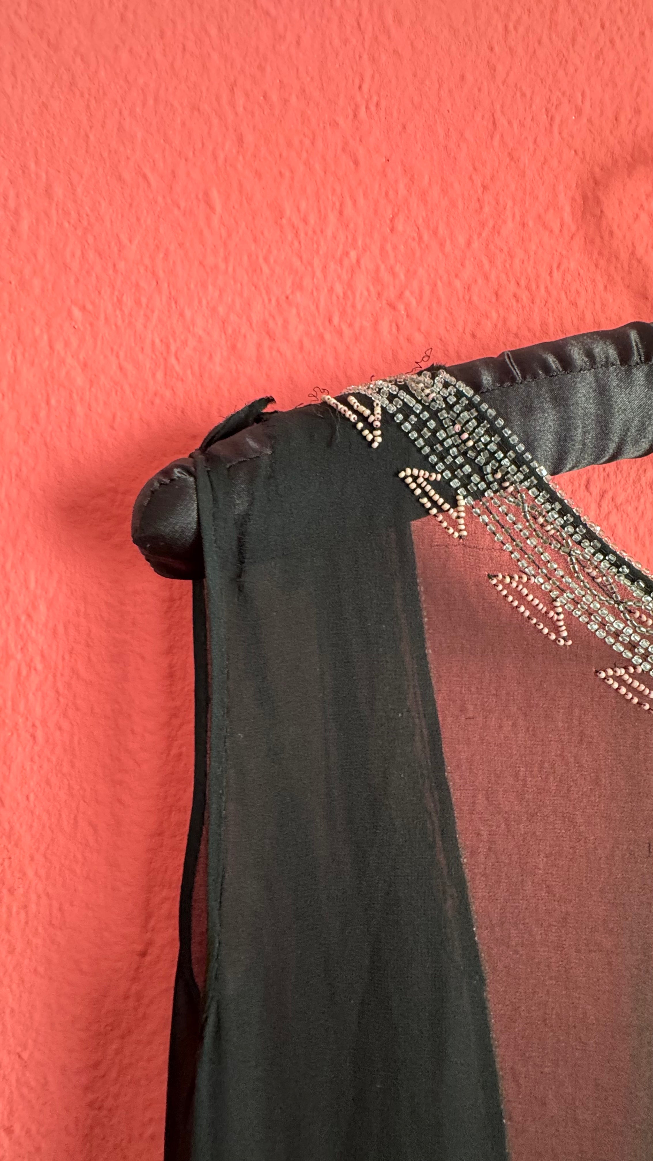 Vintage 1920s Black Beaded Flapper Dress With Silver And Pink Detail