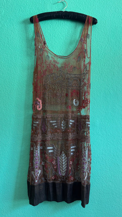 Vintage 1920s Embroidered Net Flapper Dress With Art Deco Beadwork