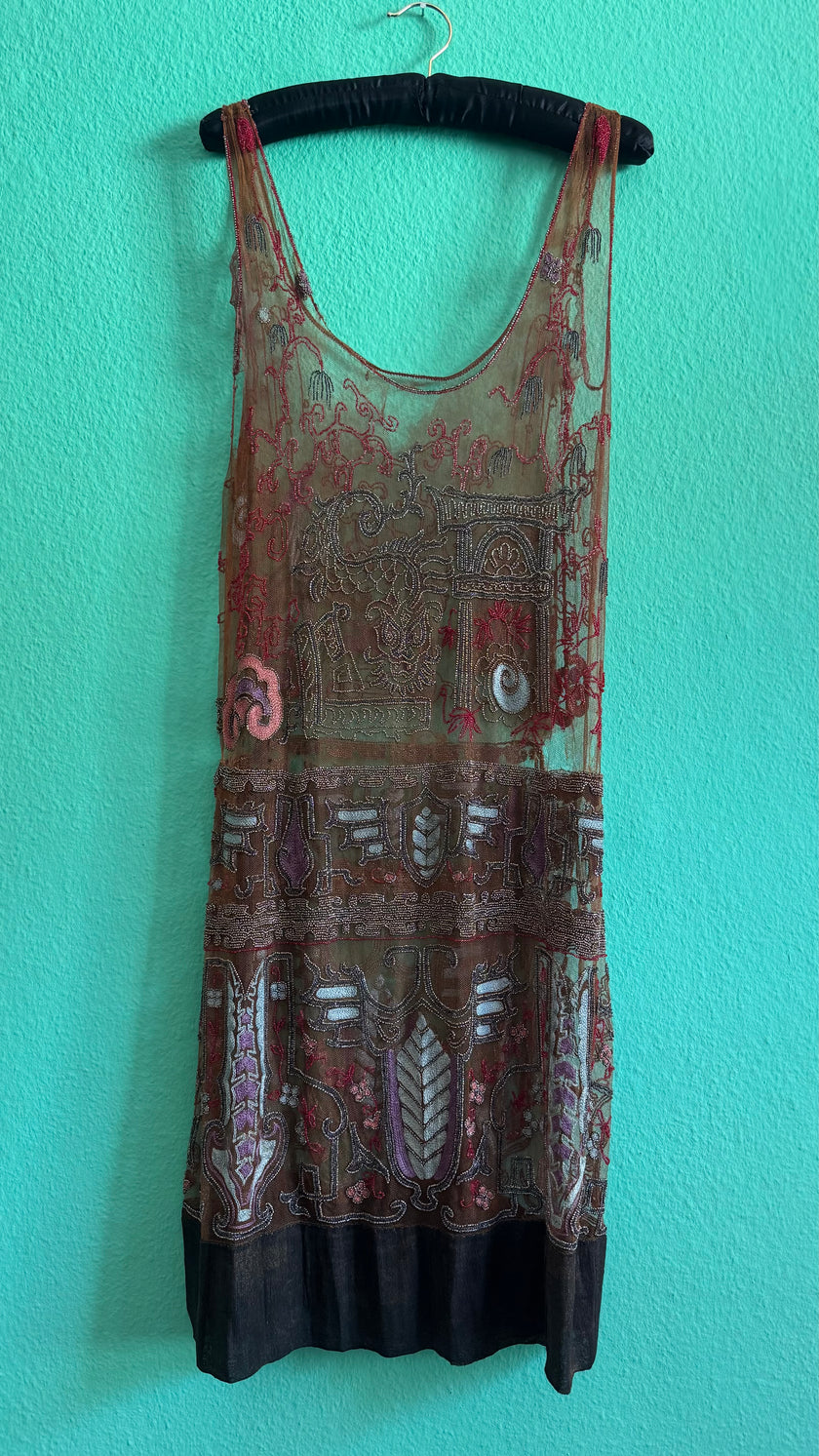 Vintage 1920s Embroidered Net Flapper Dress With Art Deco Beadwork