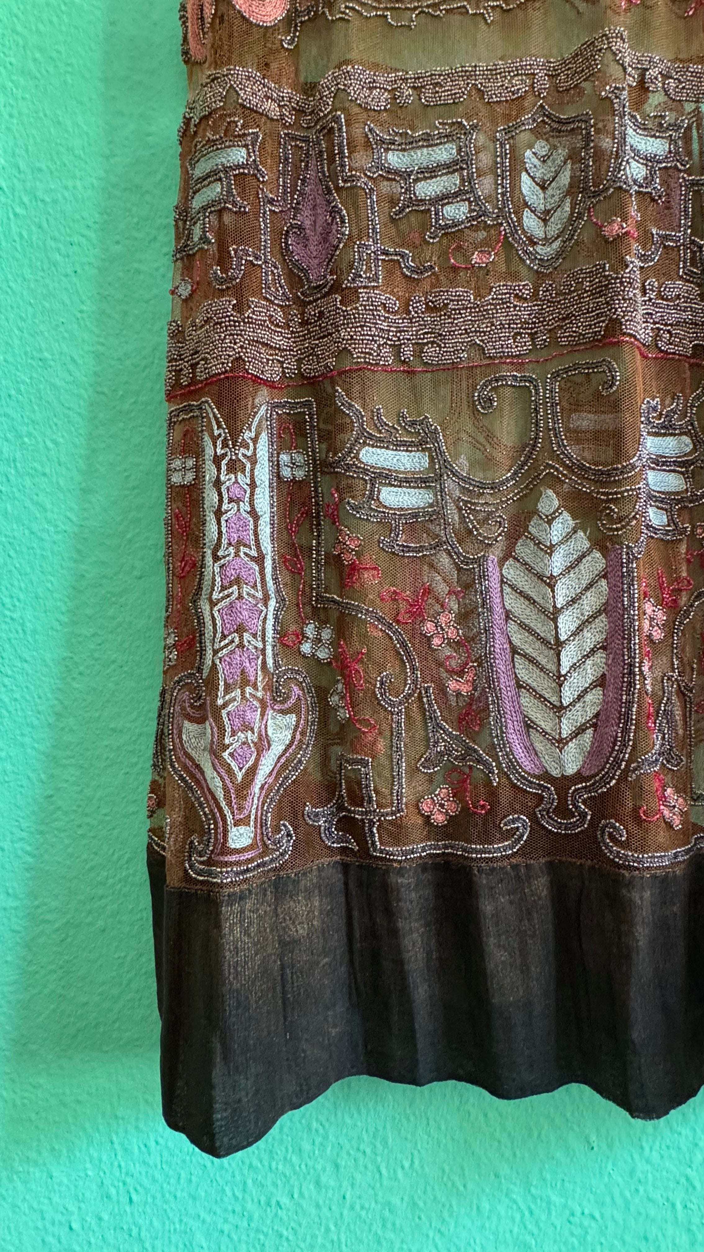 Vintage 1920s Embroidered Net Flapper Dress With Art Deco Beadwork