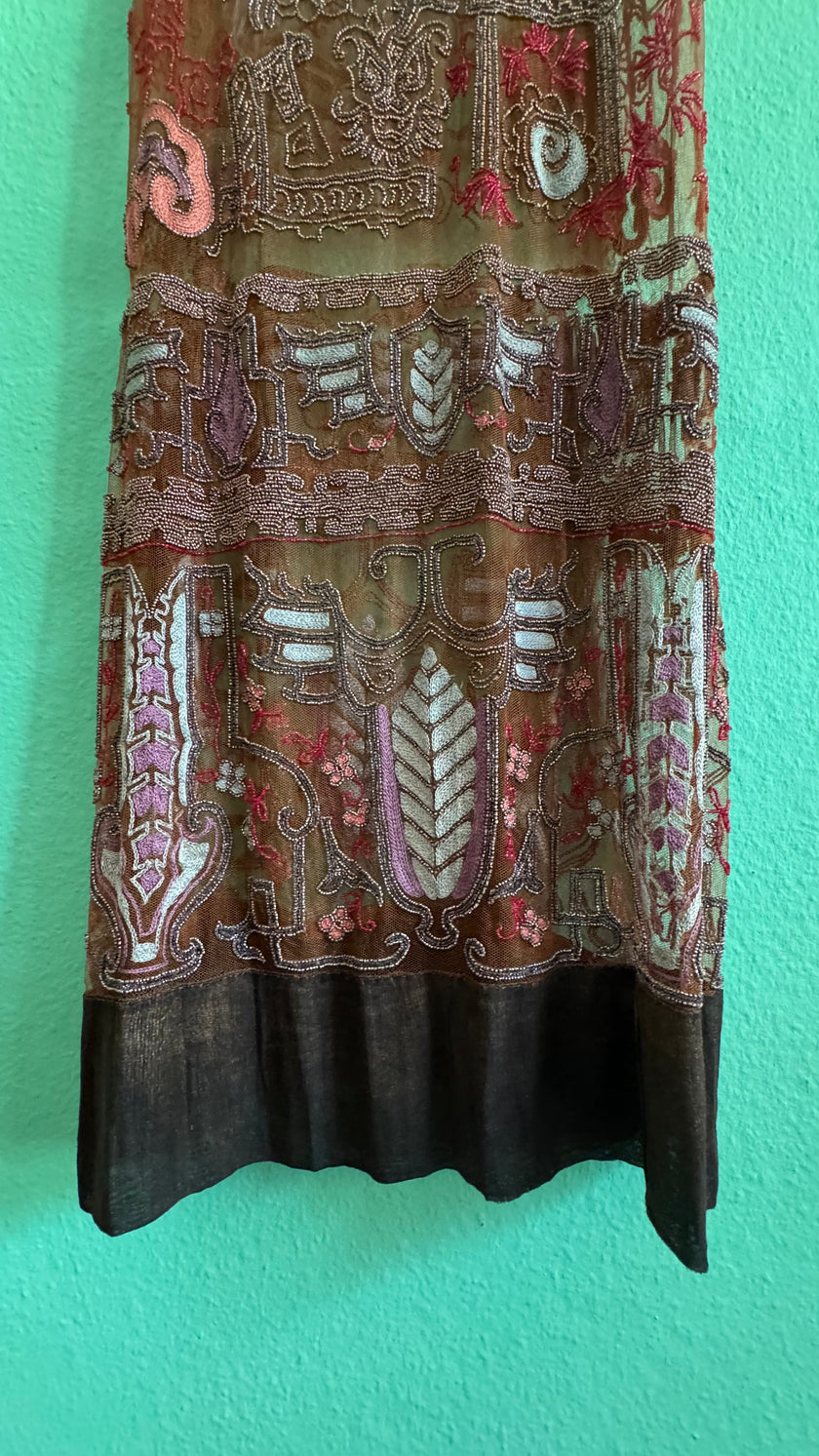 Vintage 1920s Embroidered Net Flapper Dress With Art Deco Beadwork