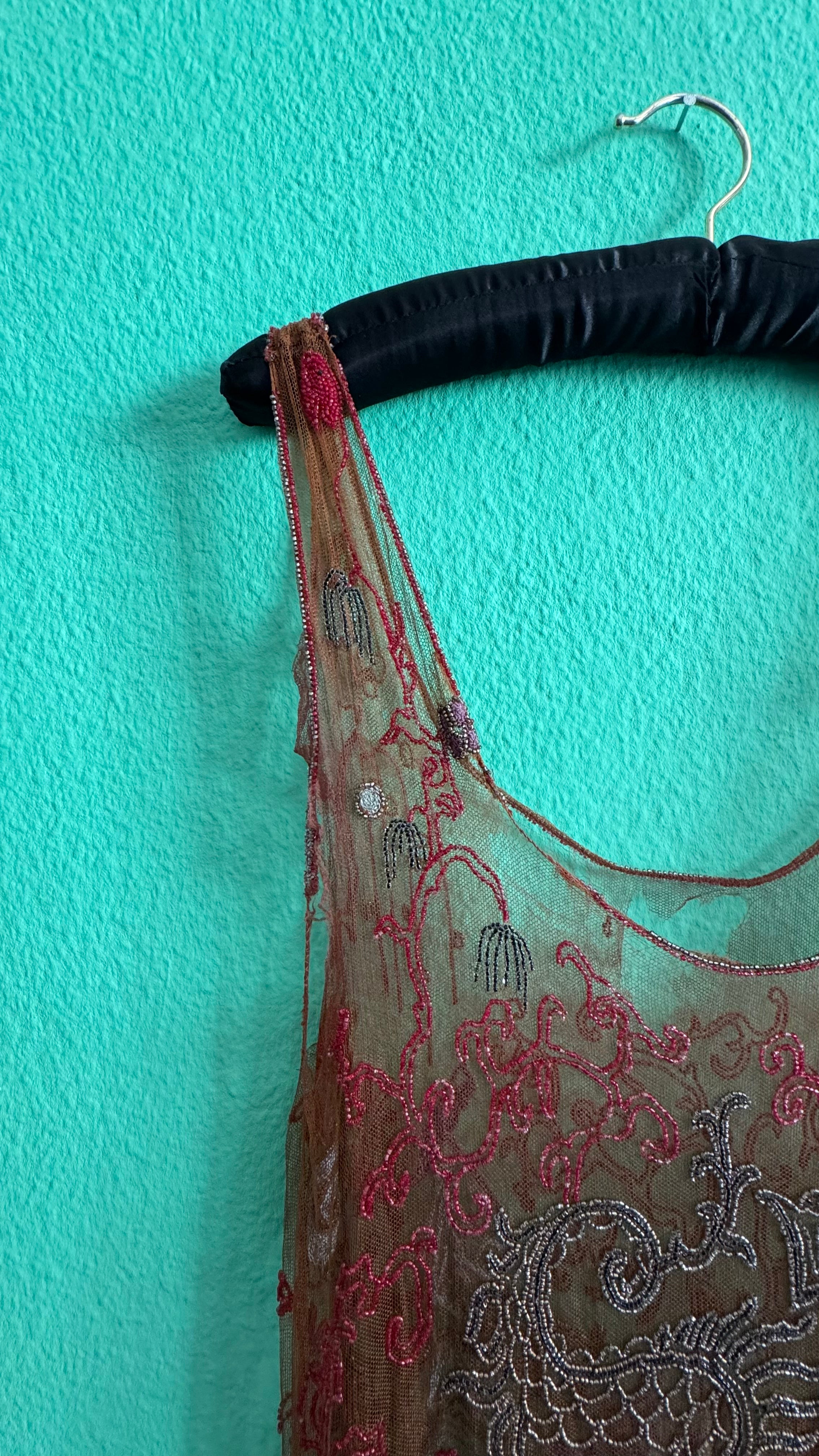 Vintage 1920s Embroidered Net Flapper Dress With Art Deco Beadwork