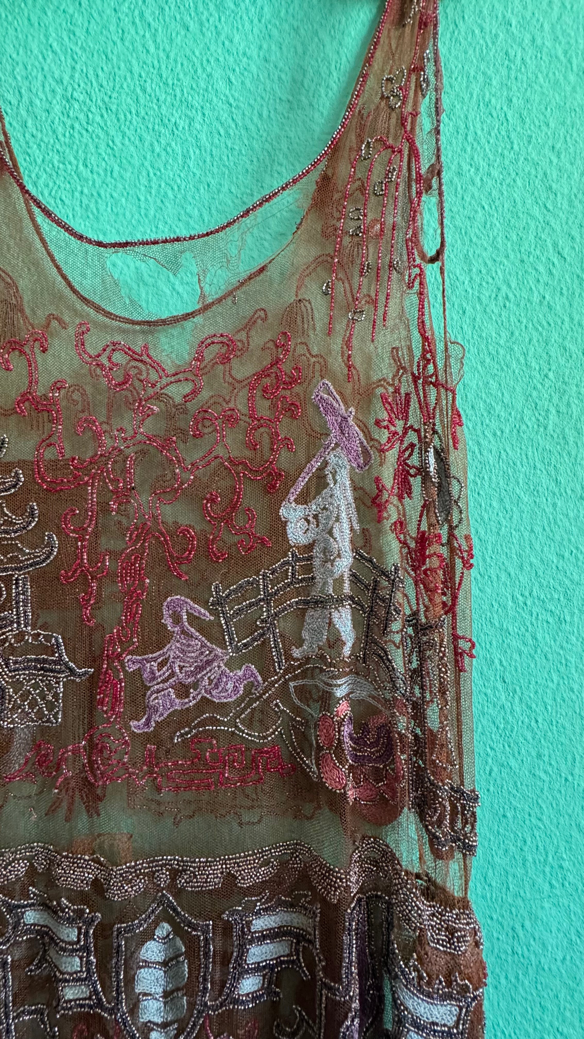 Vintage 1920s Embroidered Net Flapper Dress With Art Deco Beadwork
