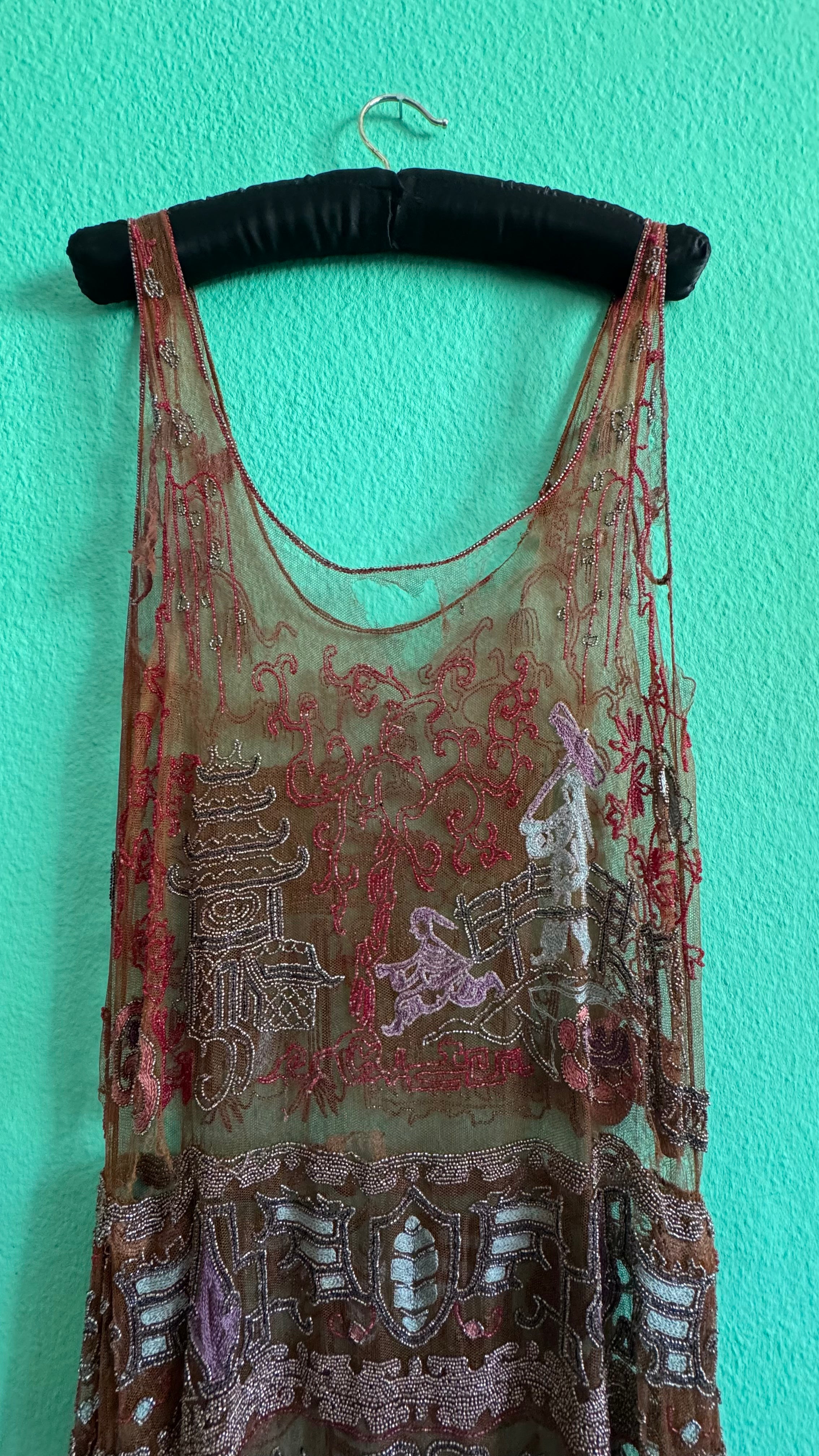 Vintage 1920s Embroidered Net Flapper Dress With Art Deco Beadwork
