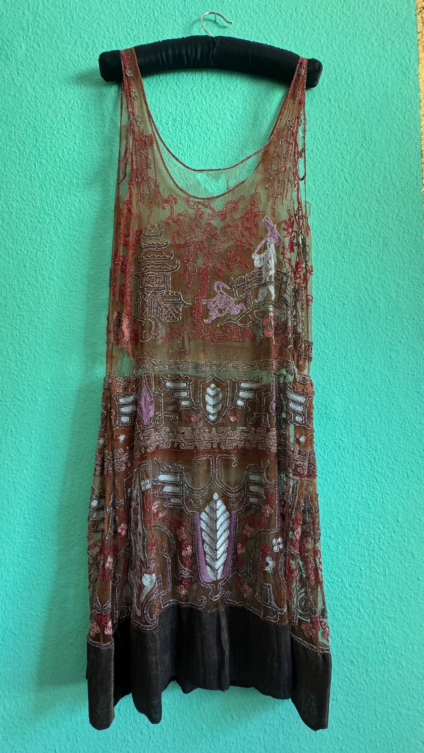 Vintage 1920s Embroidered Net Flapper Dress With Art Deco Beadwork