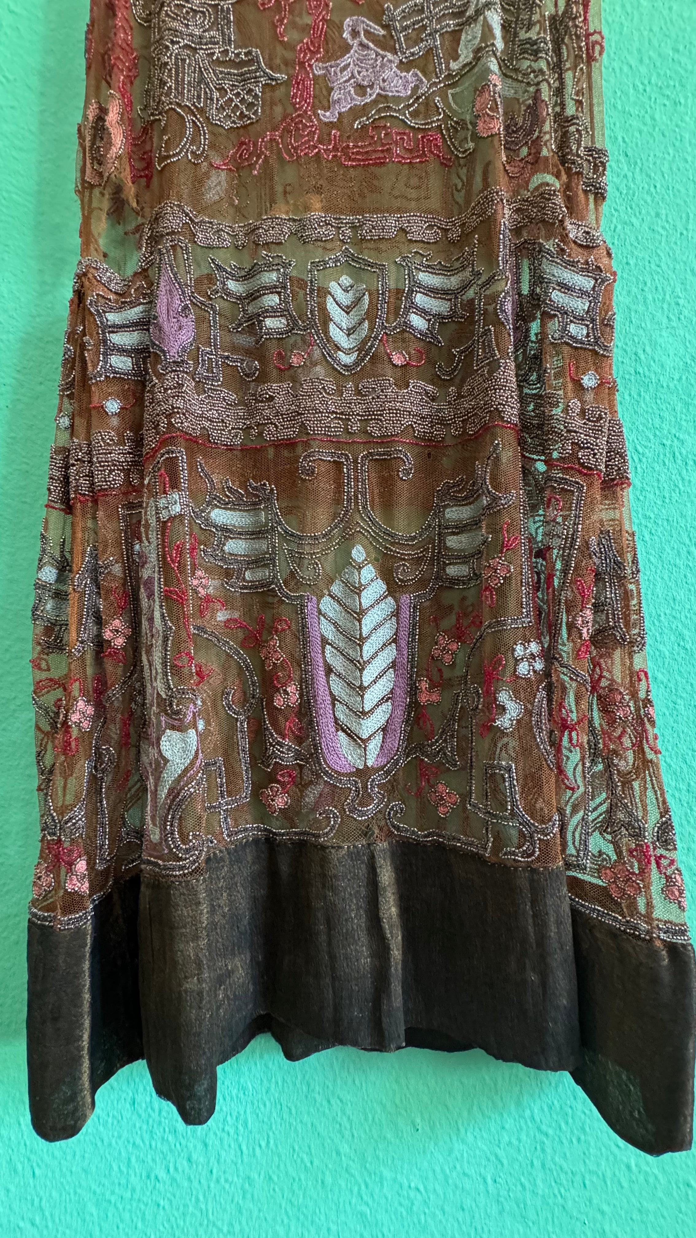 Vintage 1920s Embroidered Net Flapper Dress With Art Deco Beadwork