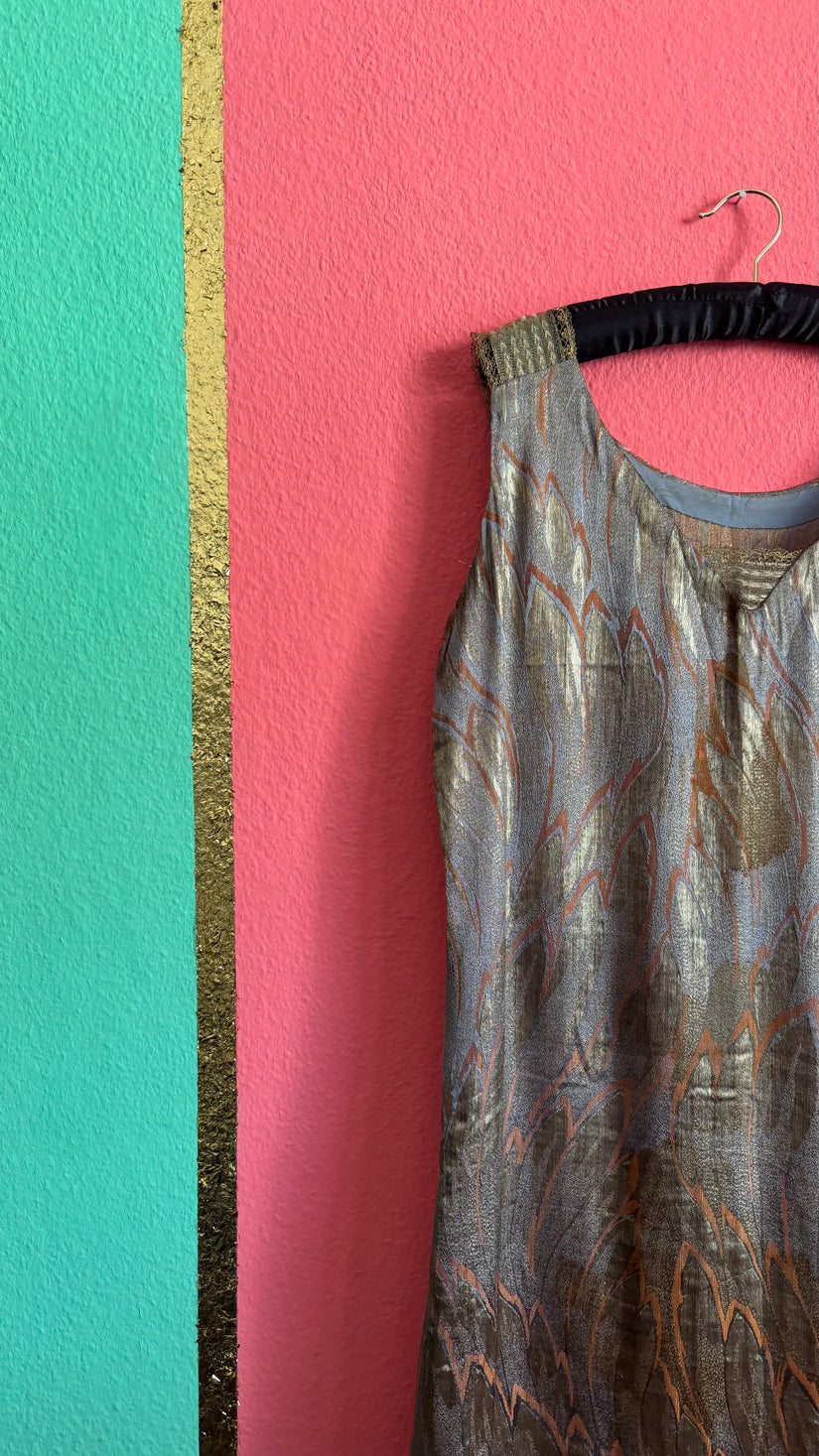 Vintage 1920s Art Deco Lamé Flapper Dress With Metallic Leaf Pattern