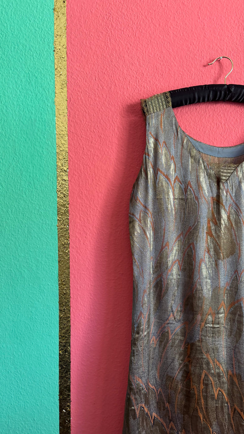 Vintage 1920s Art Deco Lamé Flapper Dress With Metallic Leaf Pattern