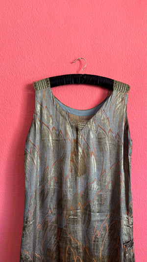 Vintage 1920s Art Deco Lamé Flapper Dress With Metallic Leaf Pattern