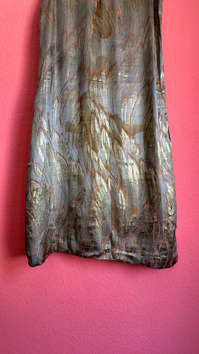 Vintage 1920s Art Deco Lamé Flapper Dress With Metallic Leaf Pattern