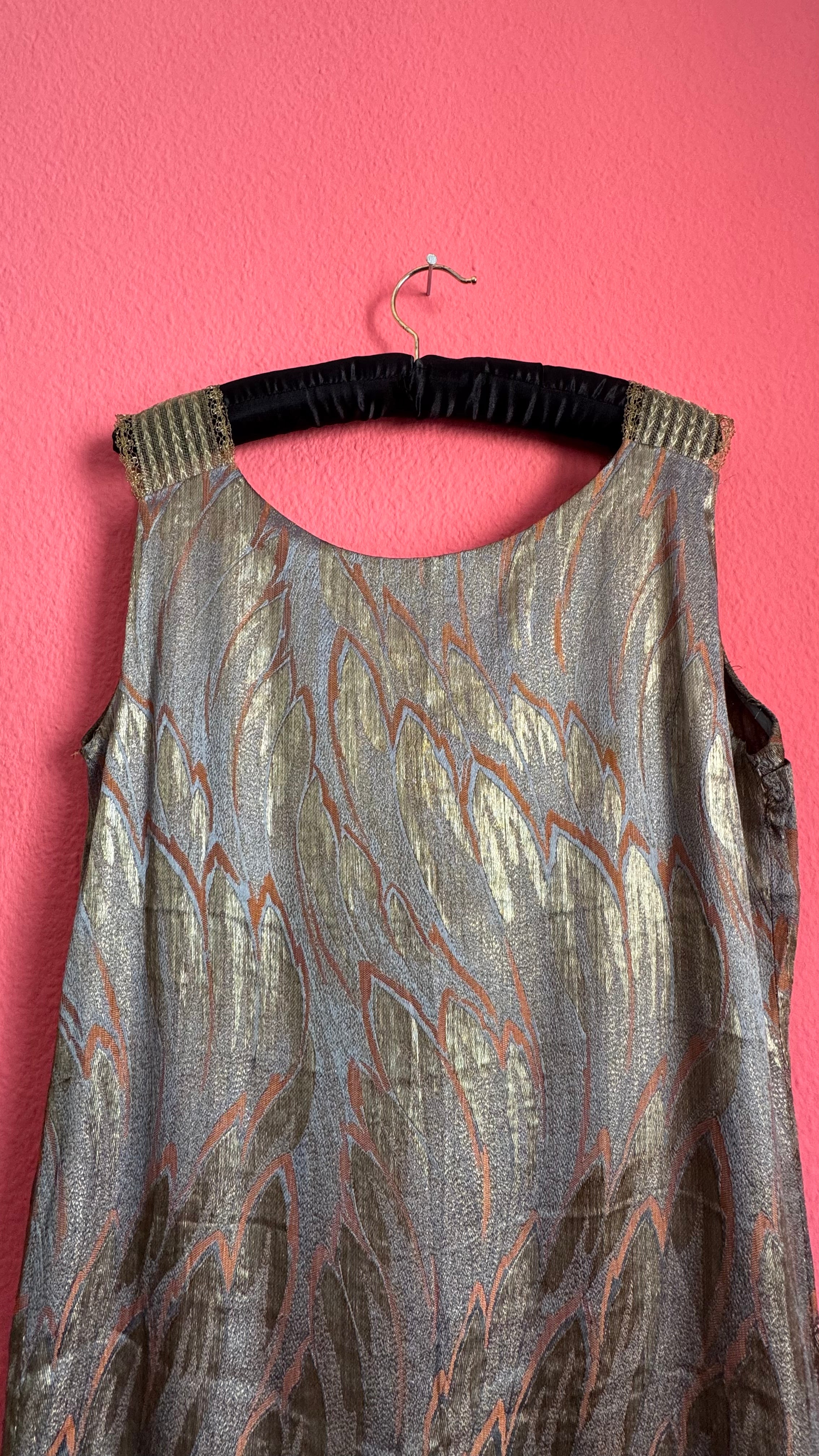 Vintage 1920s Art Deco Lamé Flapper Dress With Metallic Leaf Pattern