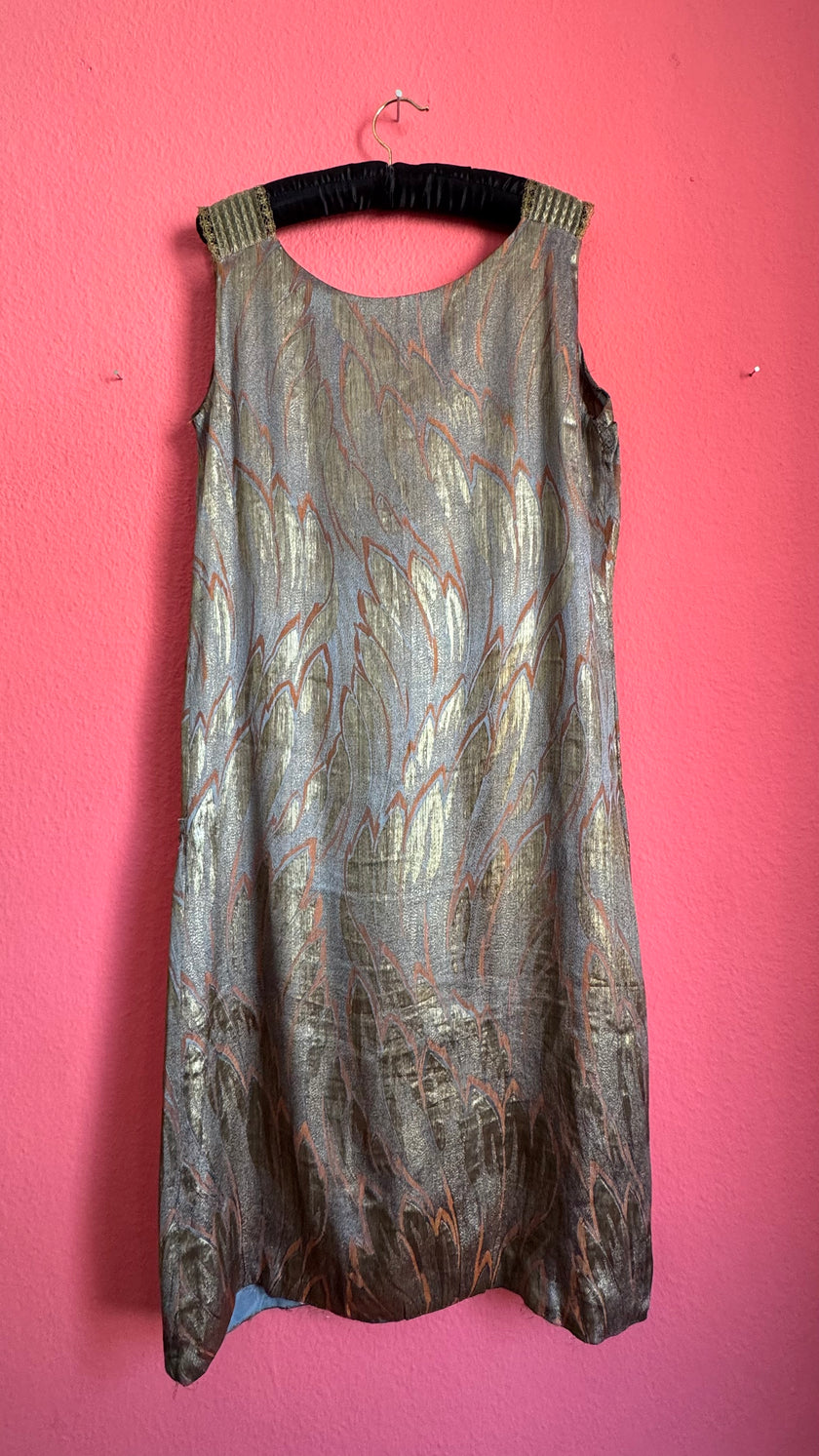 Vintage 1920s Art Deco Lamé Flapper Dress With Metallic Leaf Pattern