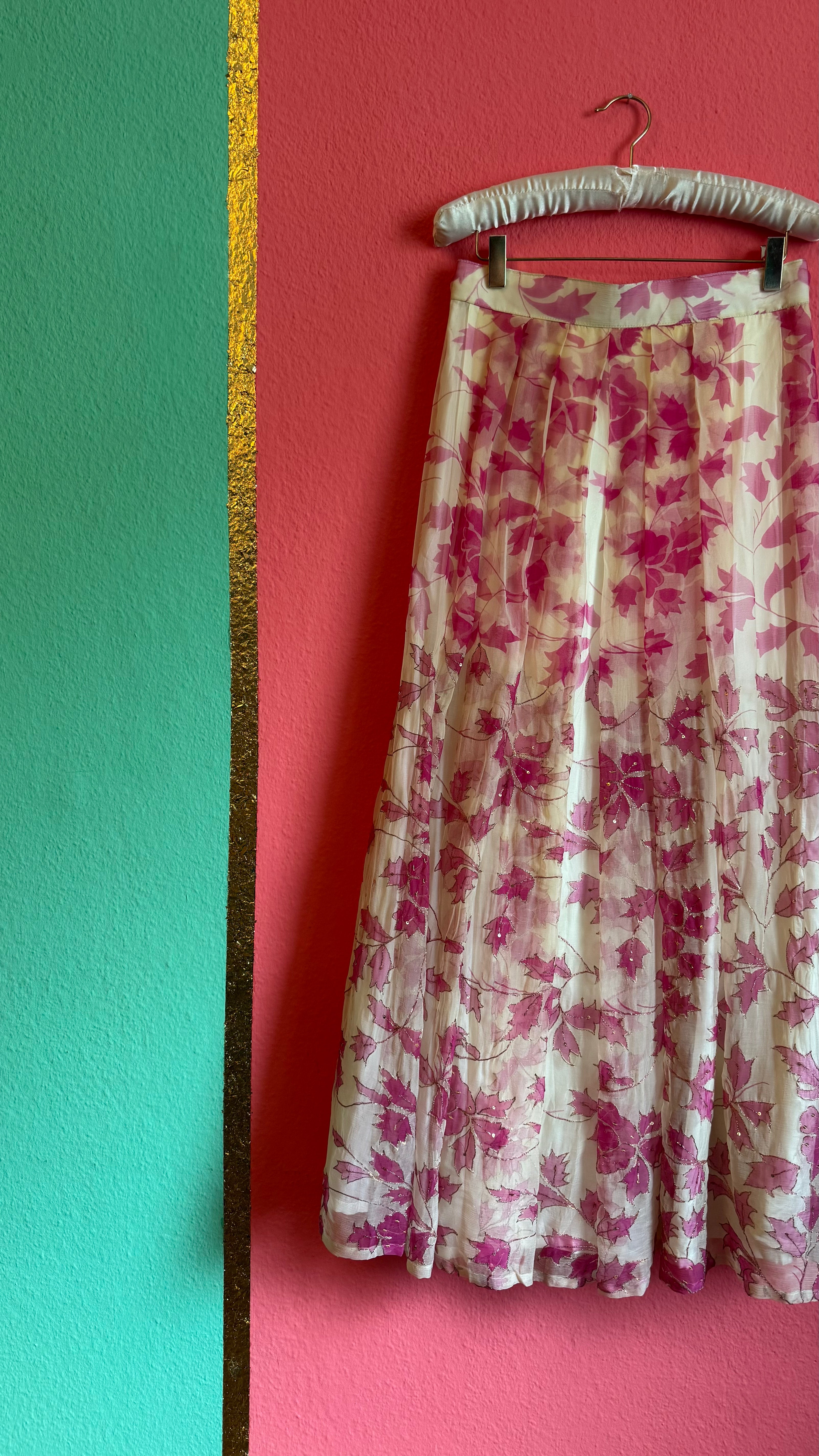 Vintage 1970s Pink Leaf Embroidered Maxi Skirt