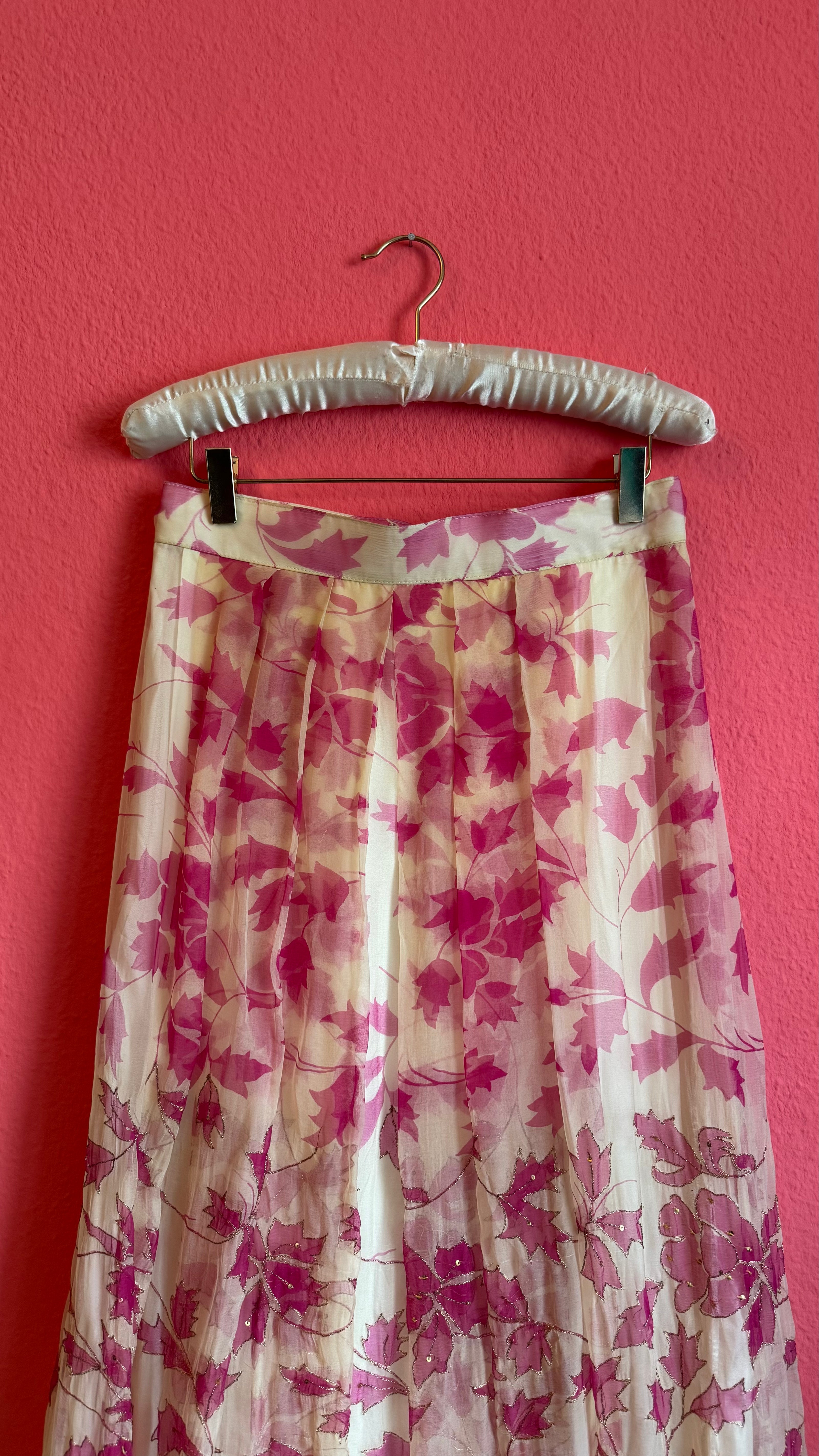 Vintage 1970s Pink Leaf Embroidered Maxi Skirt