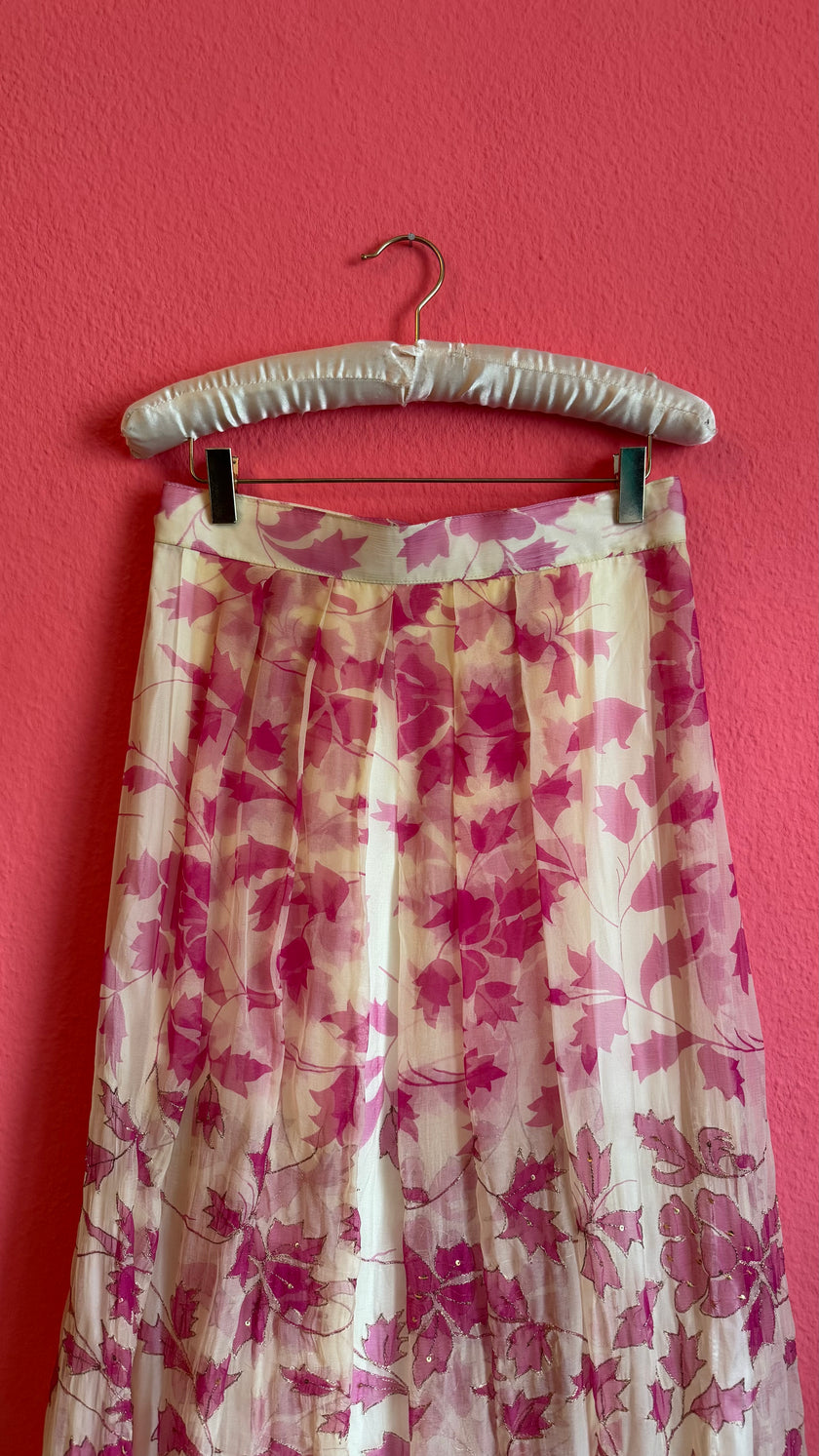 Vintage 1970s Pink Leaf Embroidered Maxi Skirt