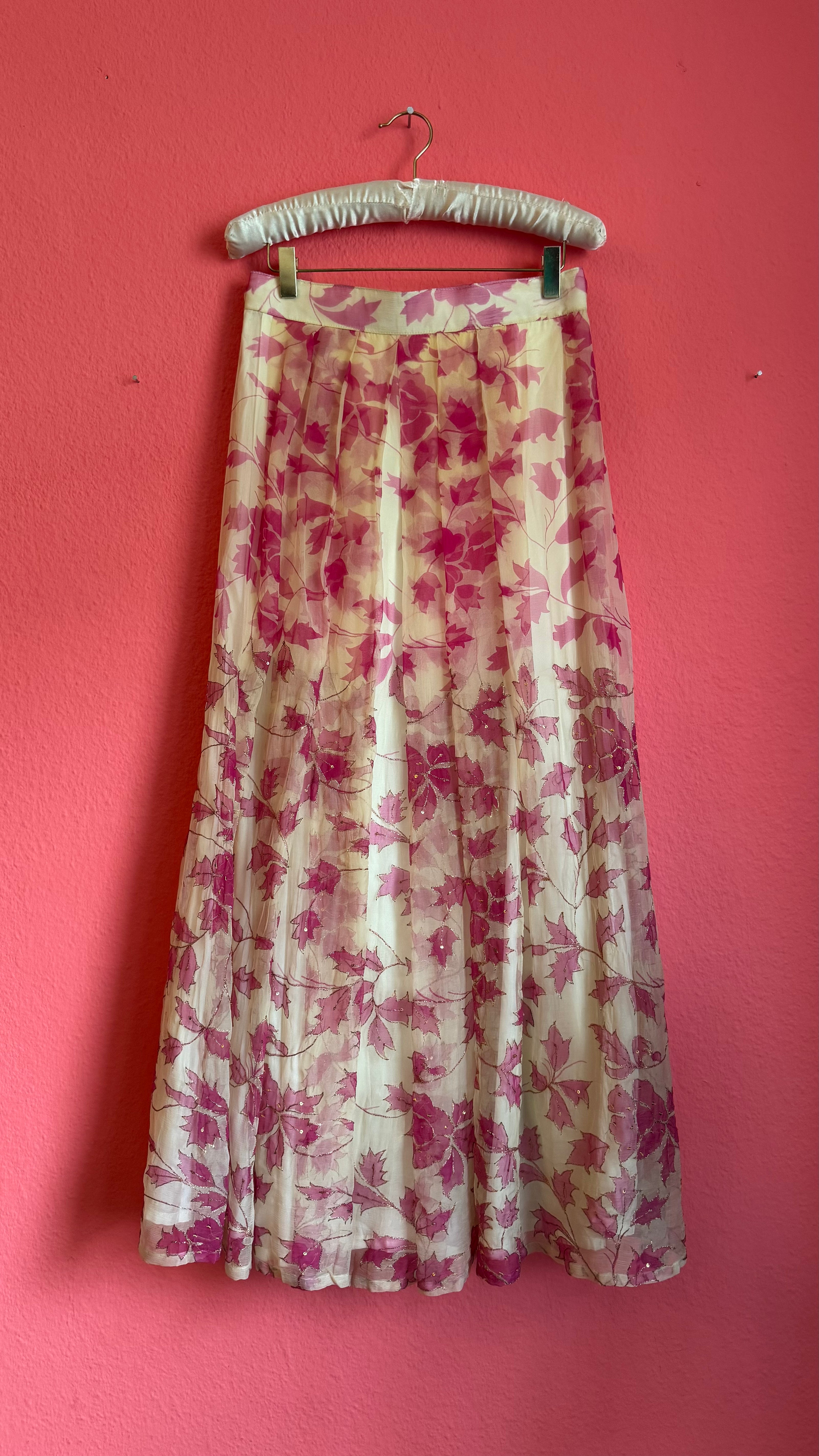 Vintage 1970s Pink Leaf Embroidered Maxi Skirt