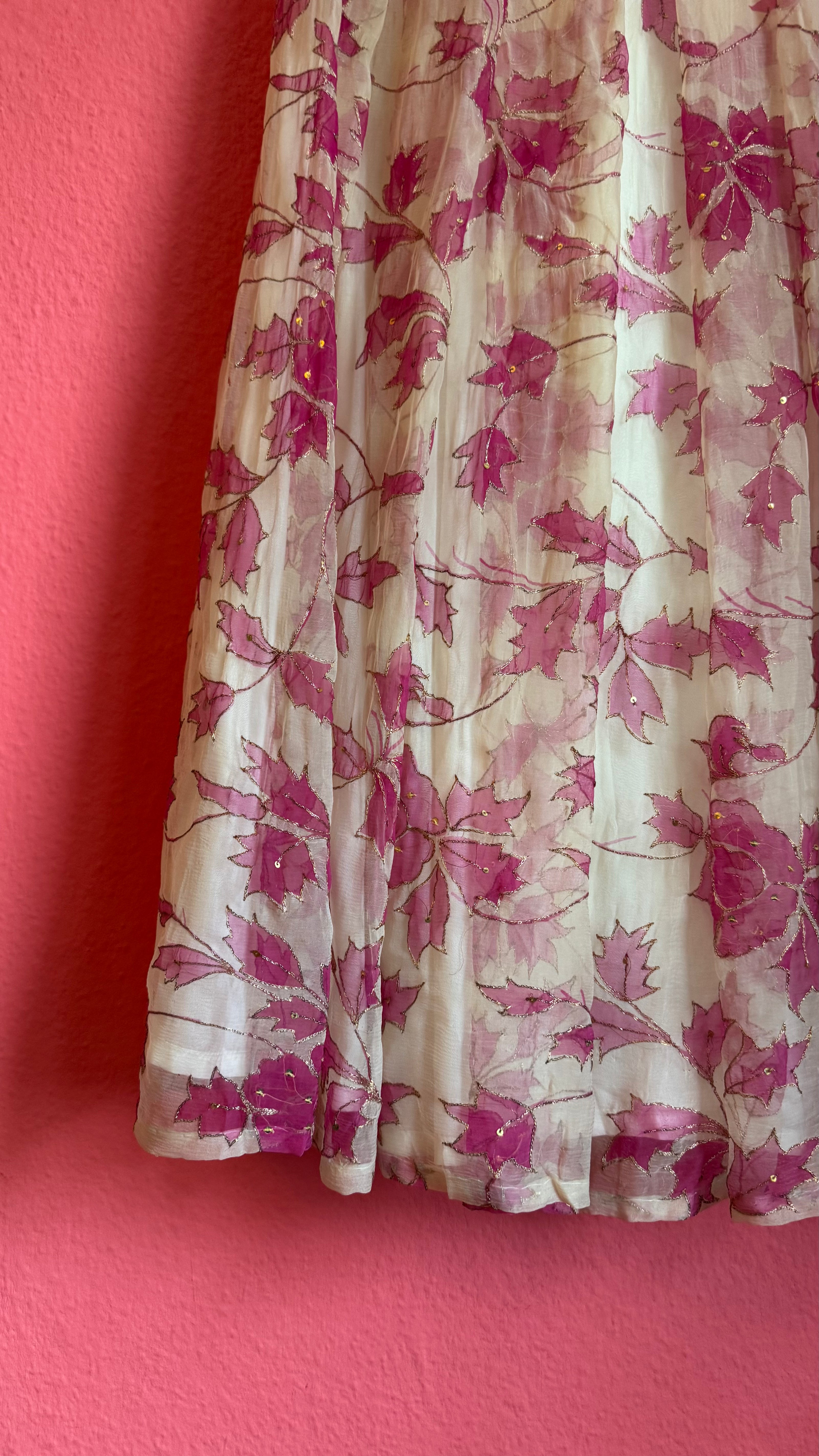 Vintage 1970s Pink Leaf Embroidered Maxi Skirt