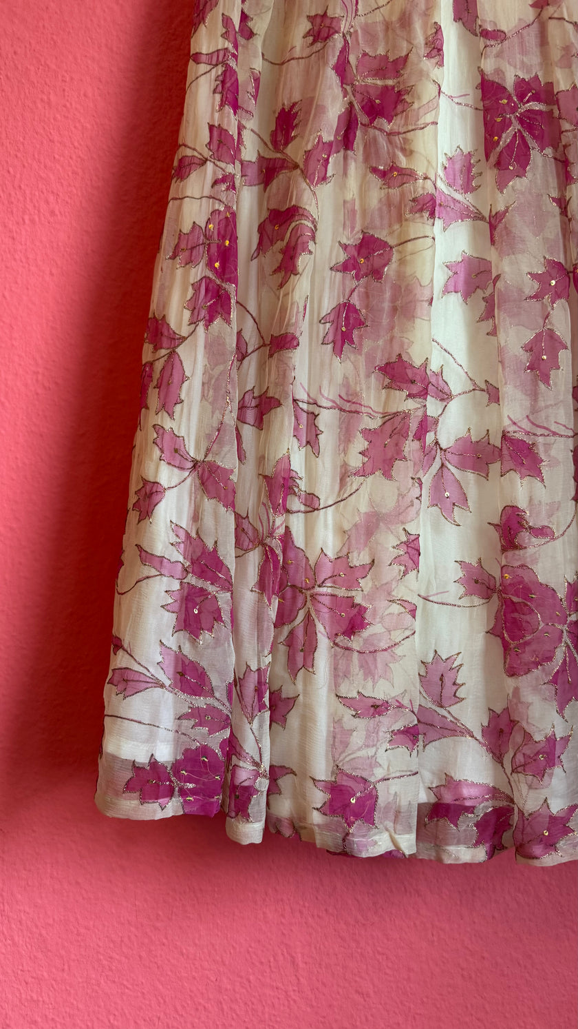 Vintage 1970s Pink Leaf Embroidered Maxi Skirt
