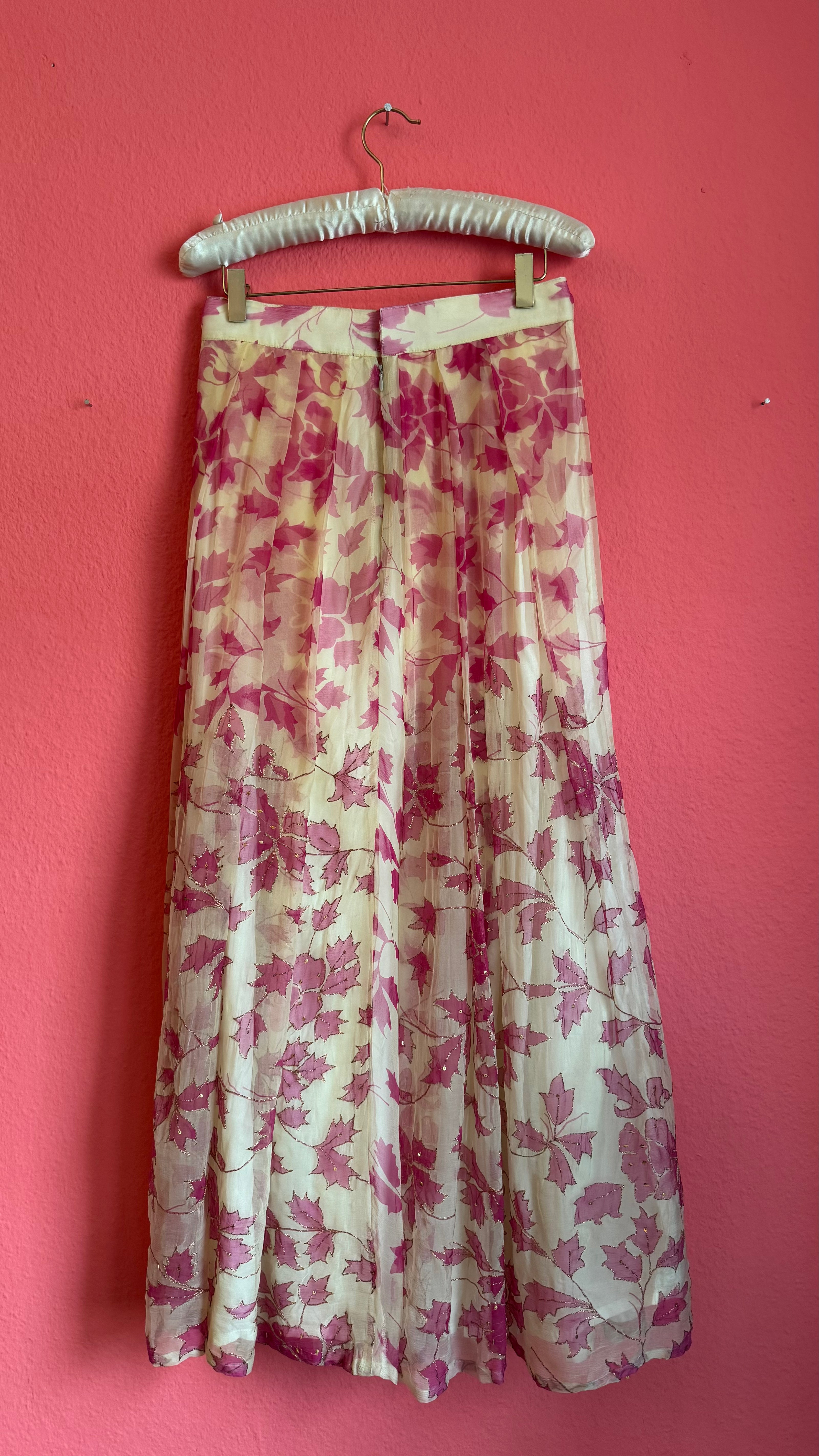 Vintage 1970s Pink Leaf Embroidered Maxi Skirt