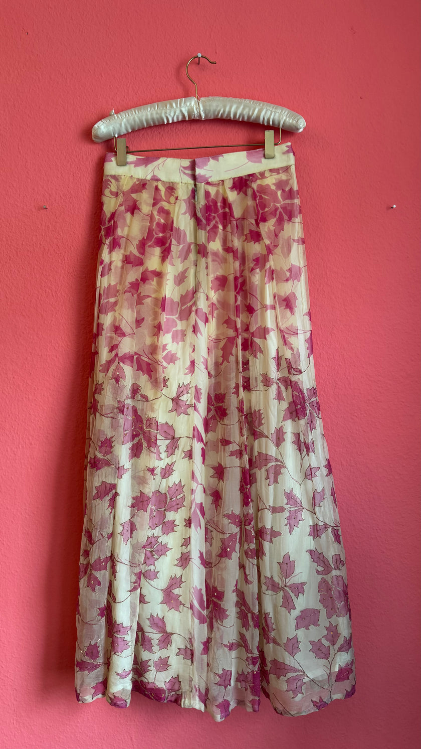Vintage 1970s Pink Leaf Embroidered Maxi Skirt