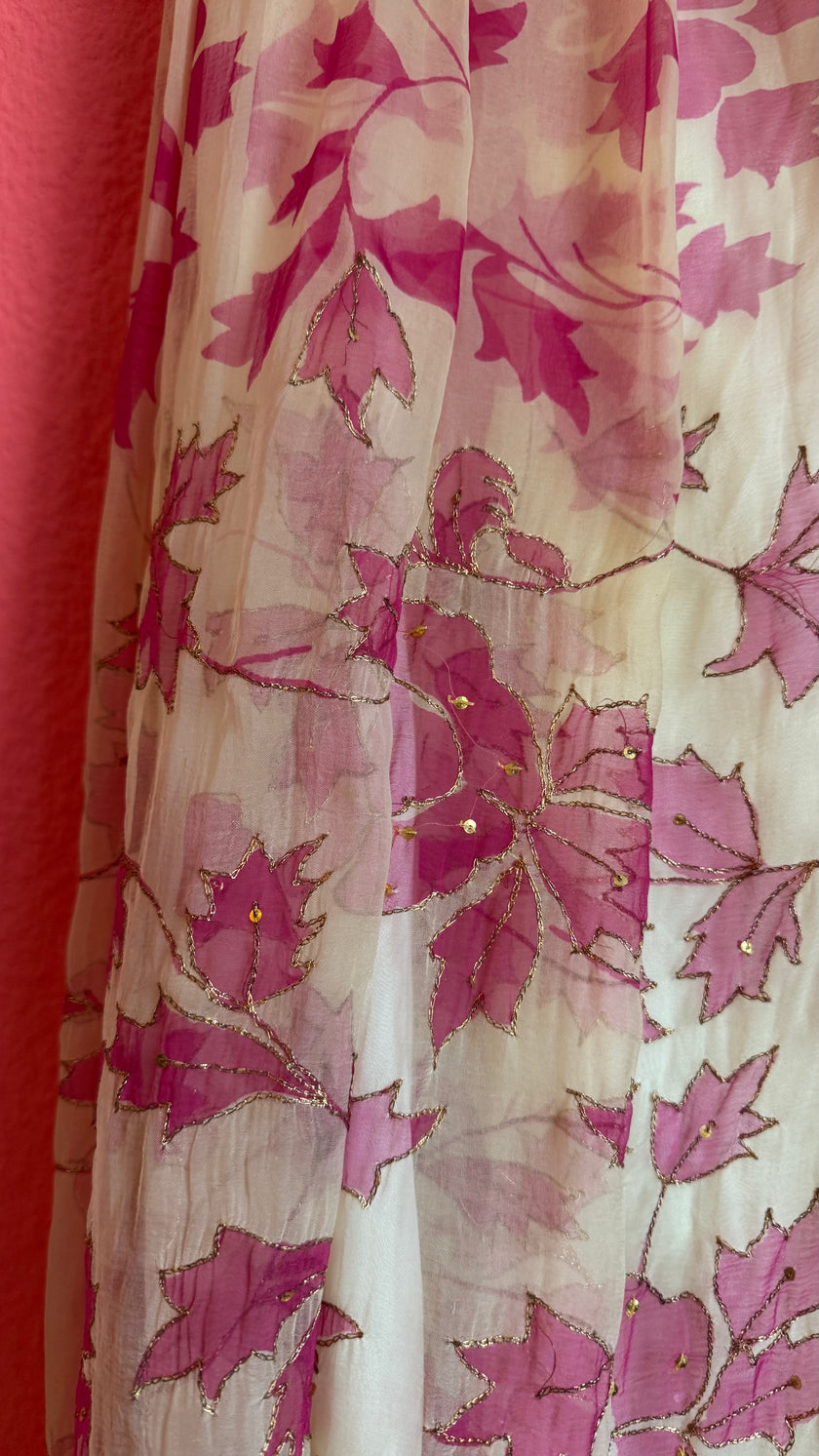 Vintage 1970s Pink Leaf Embroidered Maxi Skirt