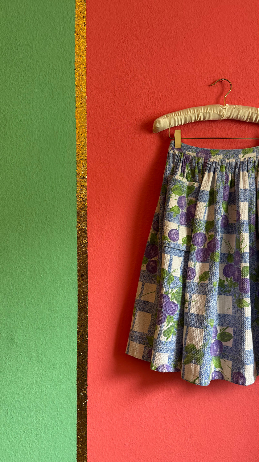Vintage 1960s Blue Gingham Fruit Print Skirt