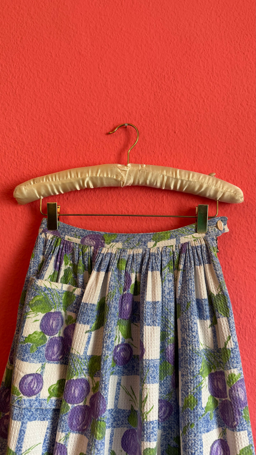 Vintage 1960s Blue Gingham Fruit Print Skirt
