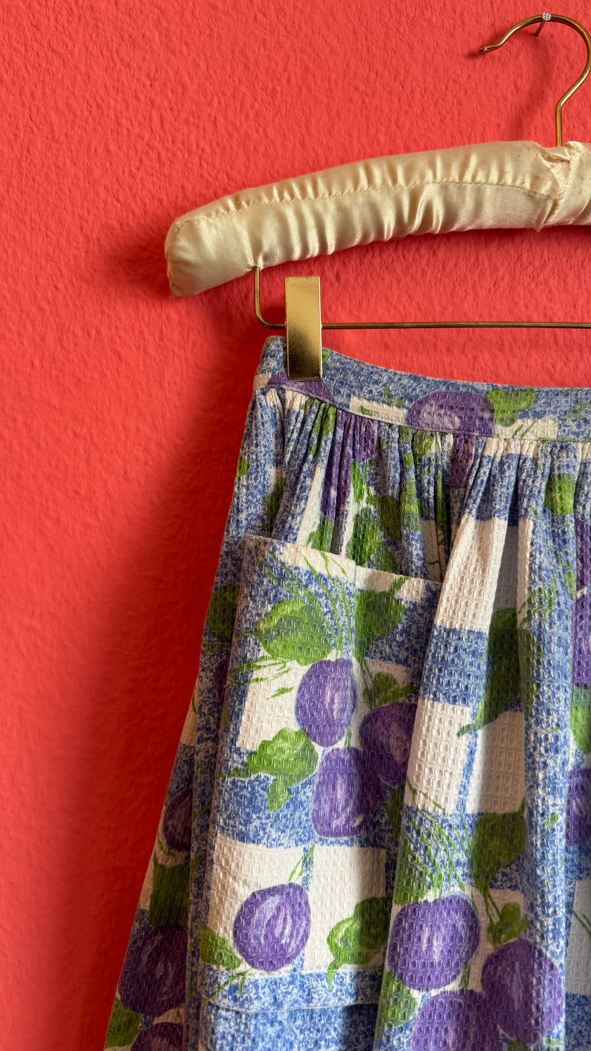 Vintage 1960s Blue Gingham Fruit Print Skirt