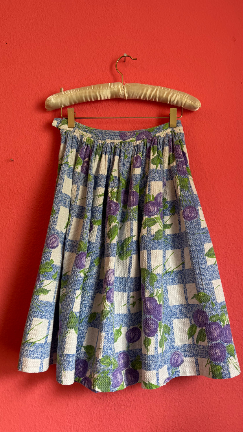 Vintage 1960s Blue Gingham Fruit Print Skirt