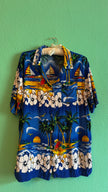 Vintage 1990s Blue Hawaiian Beach Print Shirt