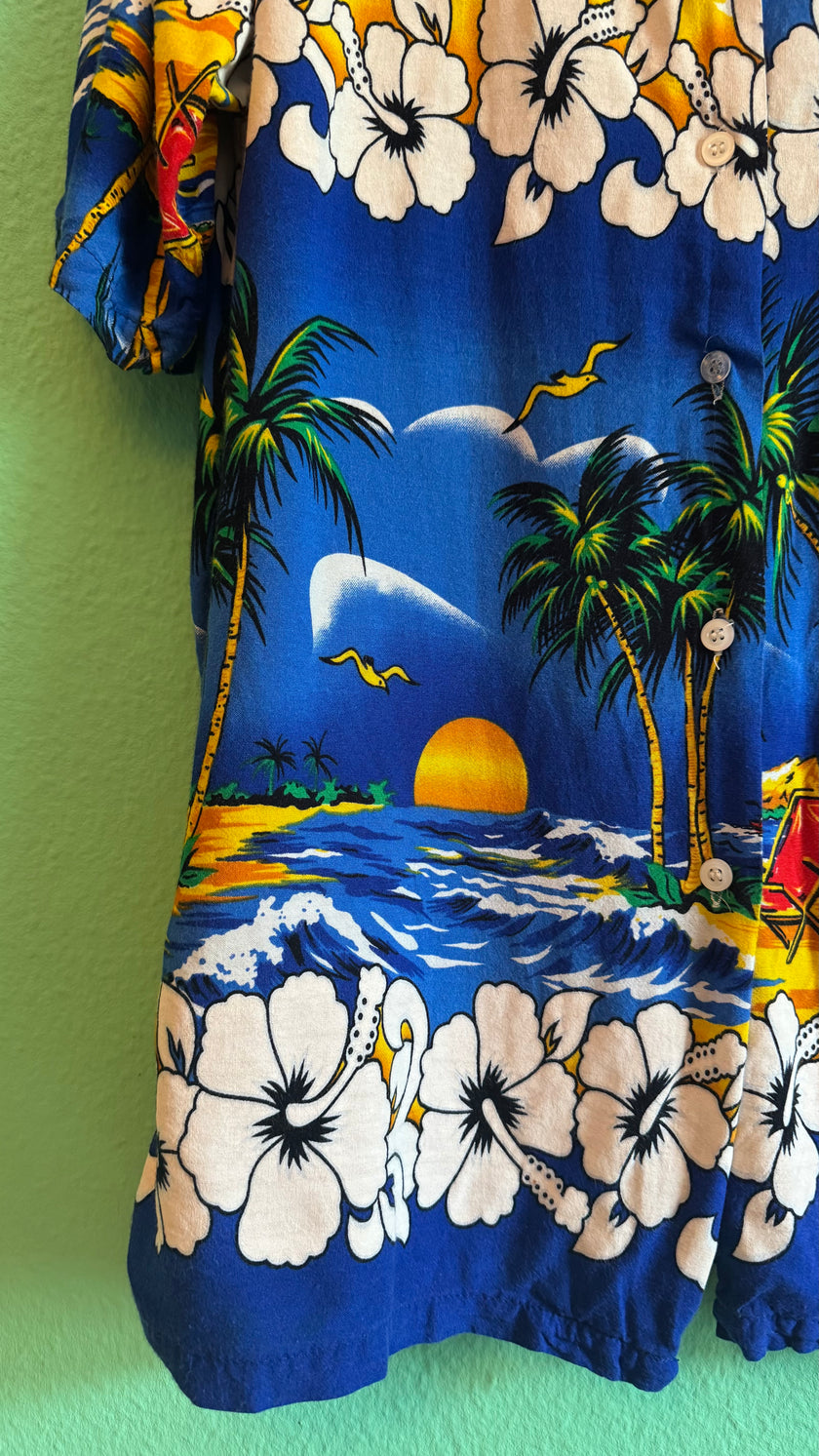 Vintage 1990s Blue Hawaiian Beach Print Shirt
