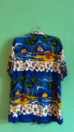 Vintage 1990s Blue Hawaiian Beach Print Shirt