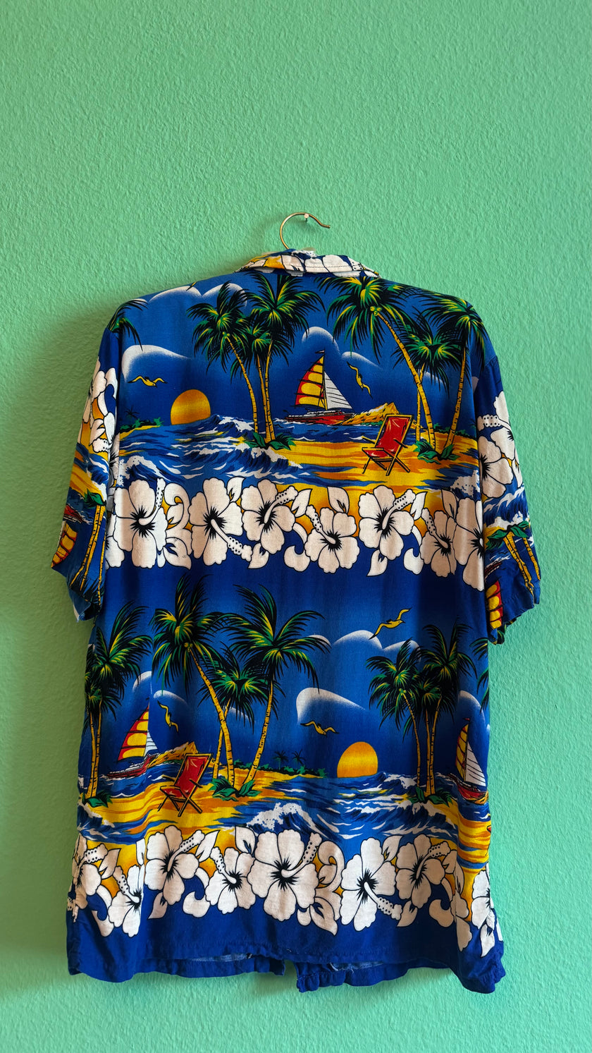 Vintage 1990s Blue Hawaiian Beach Print Shirt