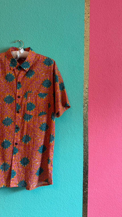 Vintage 1990s Orange Floral Short Sleeve Shirt