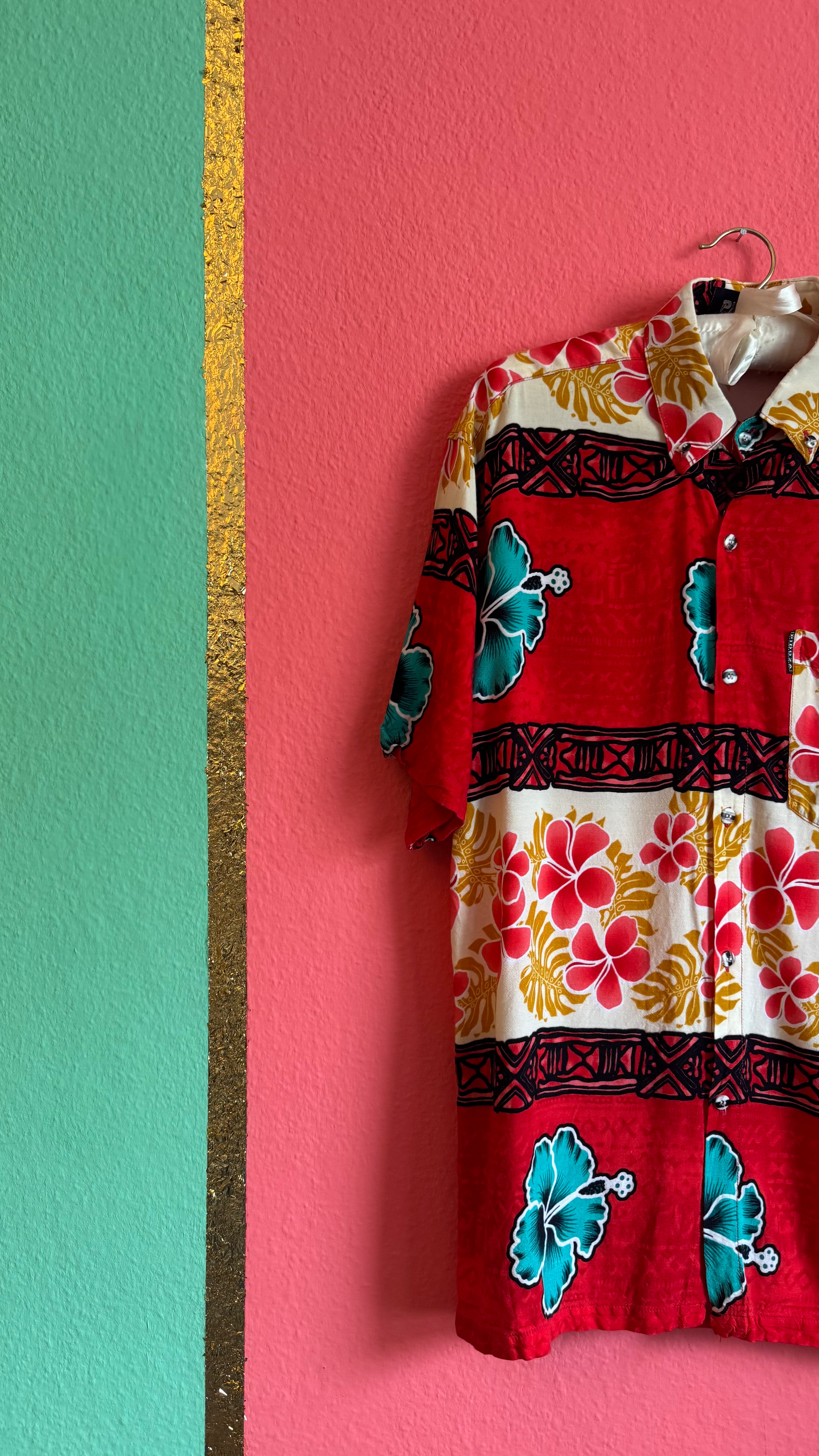 Vintage 1990s Red Hawaiian Hibiscus Shirt