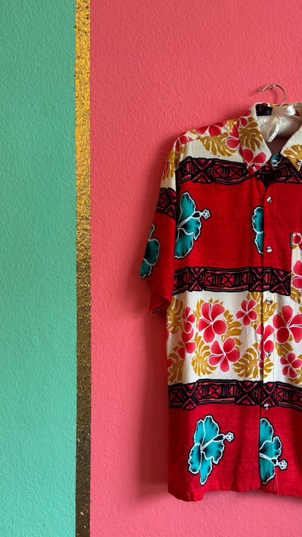 Vintage 1990s Red Hawaiian Hibiscus Shirt