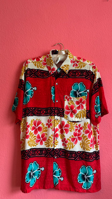 Vintage 1990s Red Hawaiian Hibiscus Shirt