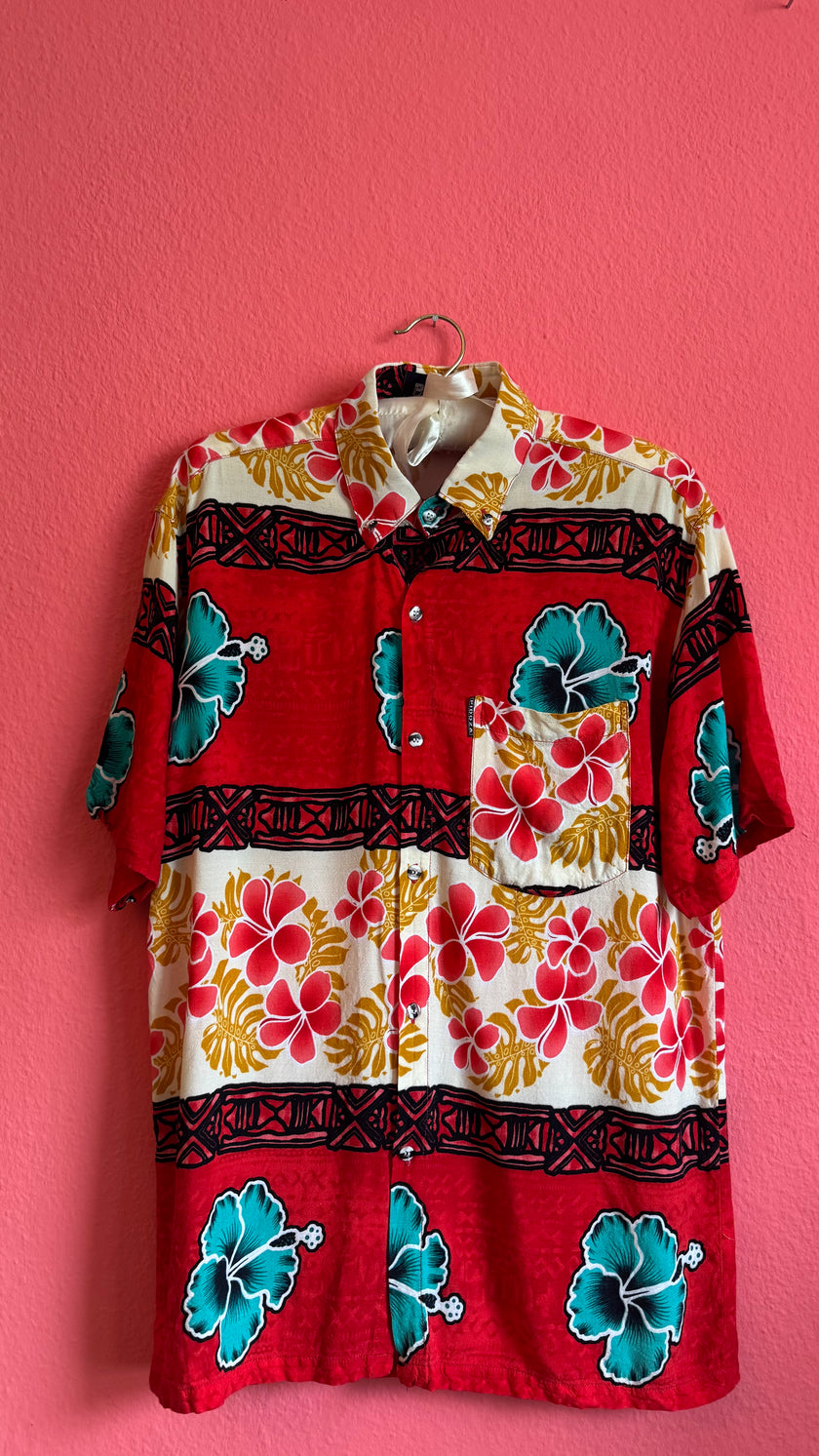 Vintage 1990s Red Hawaiian Hibiscus Shirt