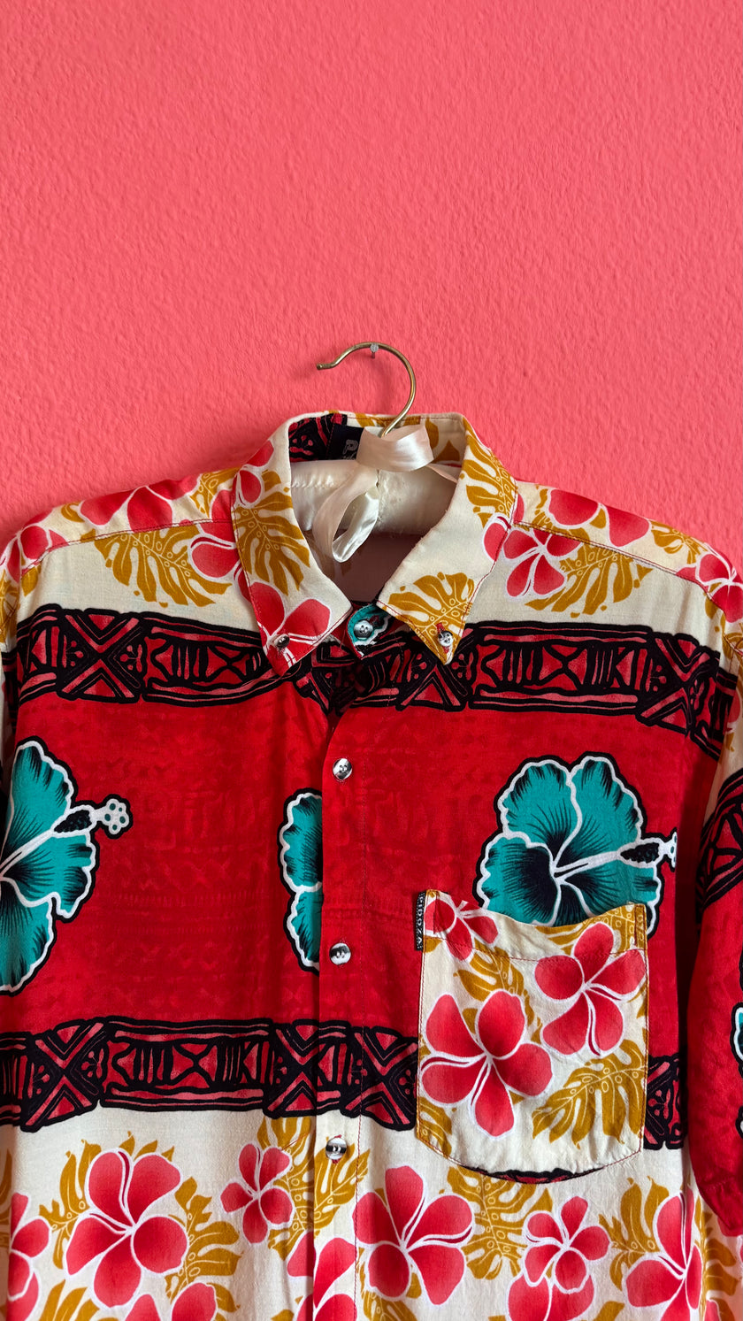 Vintage 1990s Red Hawaiian Hibiscus Shirt